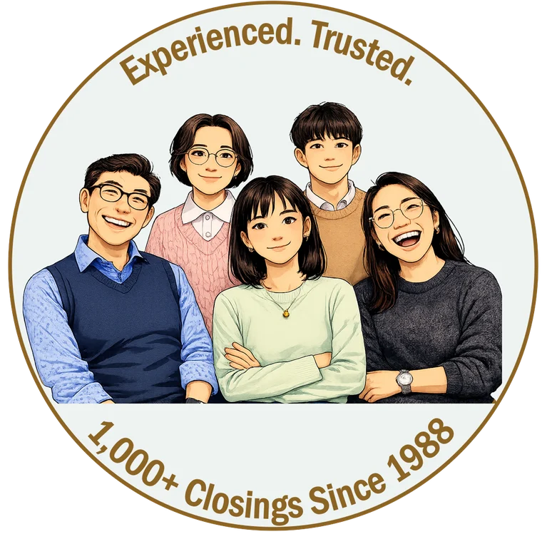 Illustration of the five members of Team Dale Chun, circled by the words Experienced. Trusted. 1,000+ Closings Since 1988